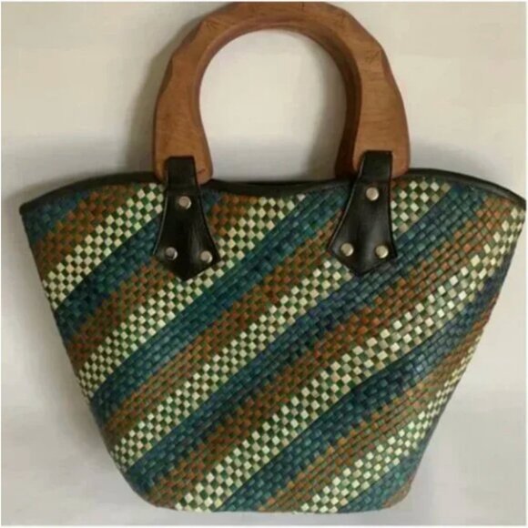 Multi-colored Woven Straw Purse with Wooden Handles - Picture 6 of 6